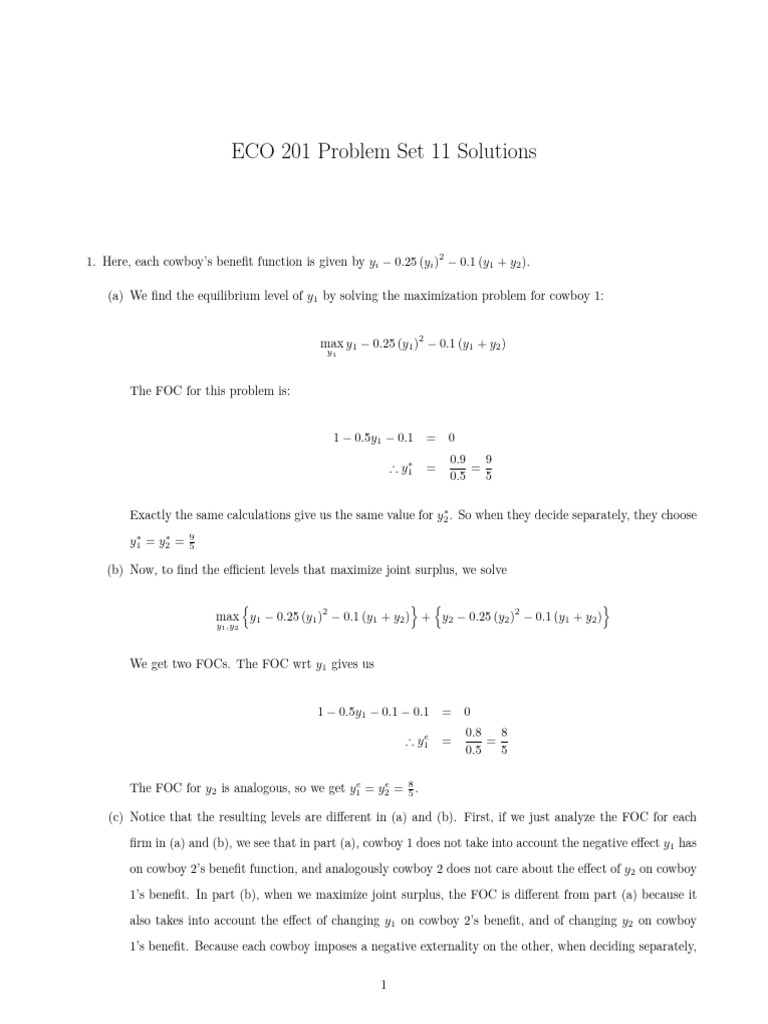 ECO 201 Problem Set 11 Solutions Summary | PDF | Externality | Supply ...