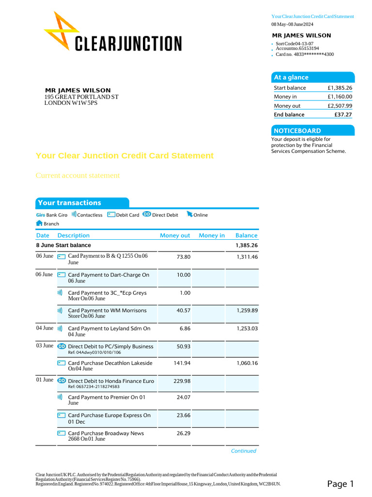 Clear Junction Credit Card Statement | PDF | Overdraft | Debit Card