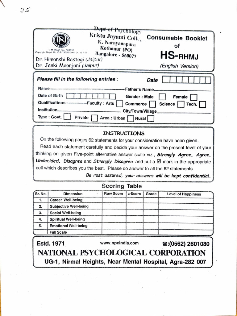 Happiness Scale Assessment Booklet | PDF | Psychology | Behavioural ...