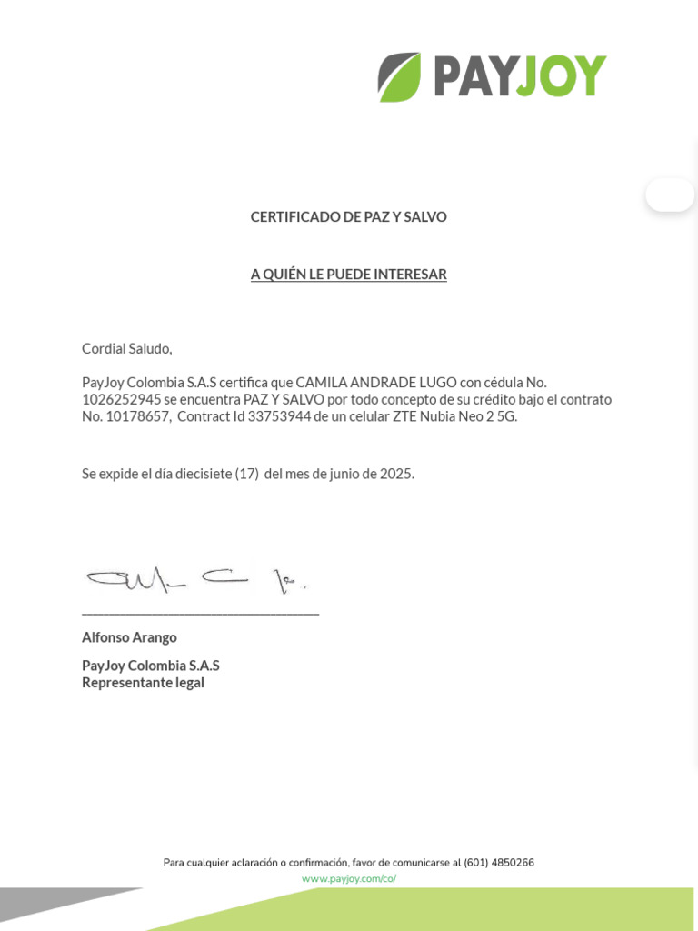 Certificado Paz y Salvo Camila Lugo | PDF