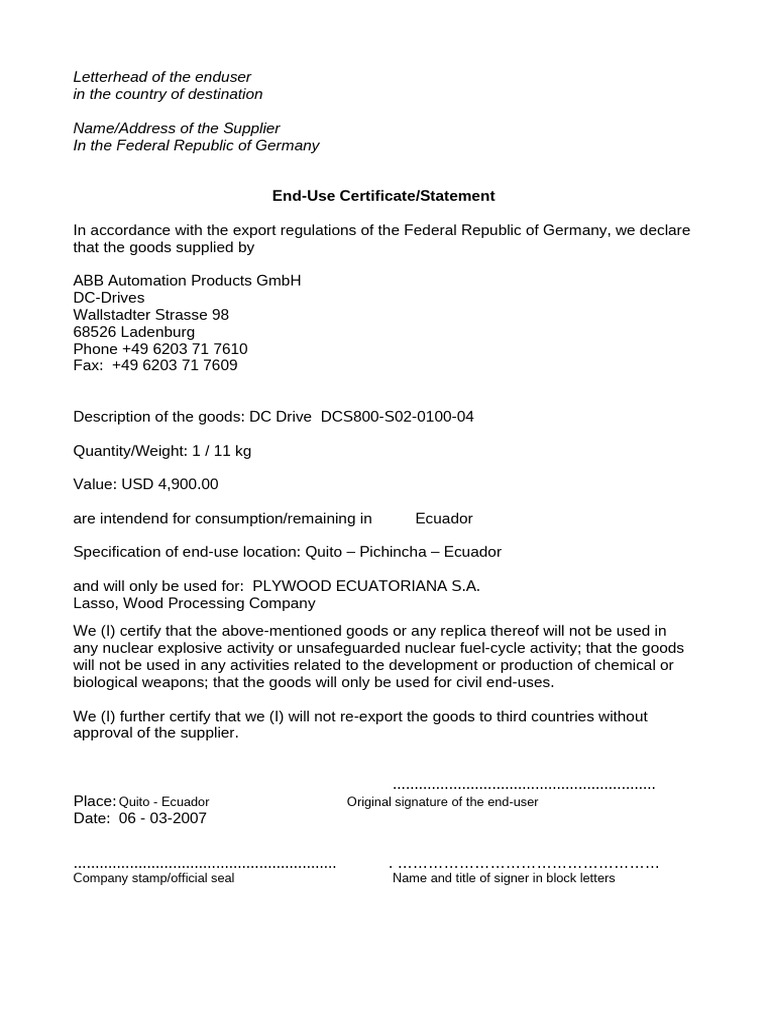 Photo inspiration: End Use Certificate For Dc Drive Photo Inspiration