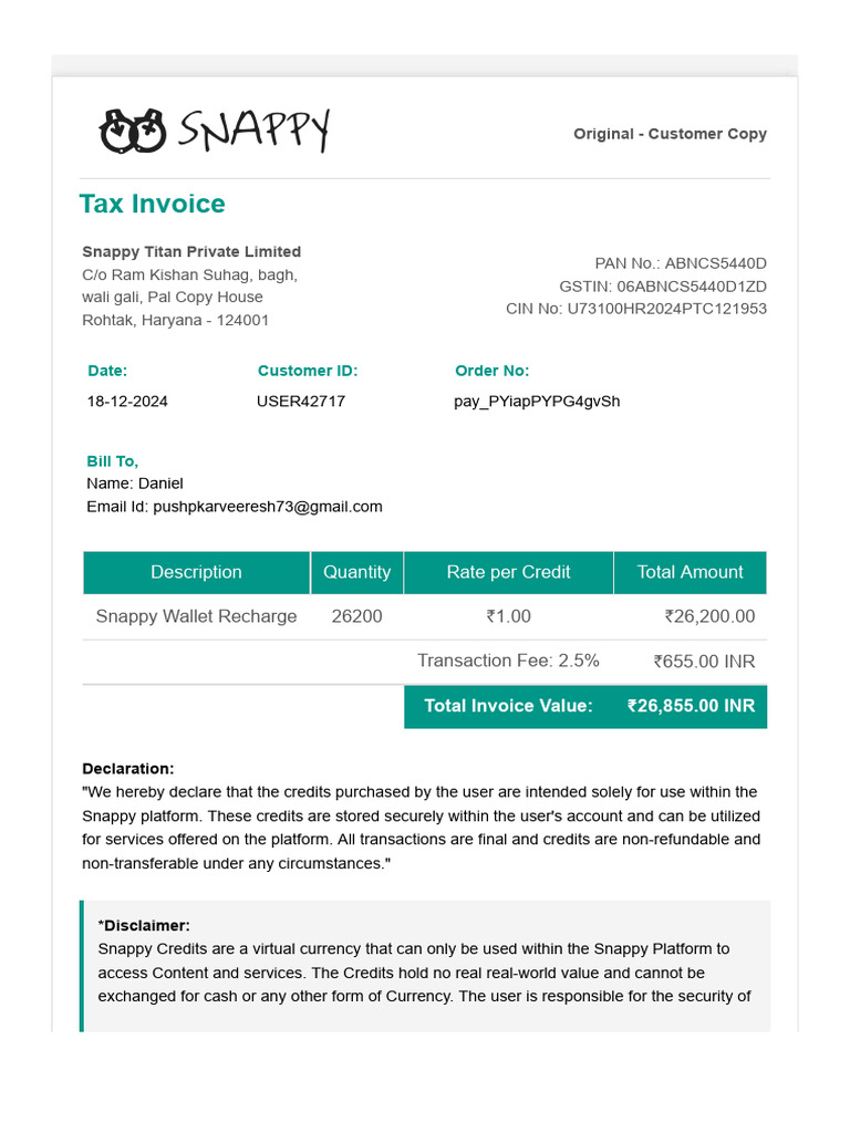 Snappy Titan Tax Invoice for Wallet Recharge | PDF | Payments | Money