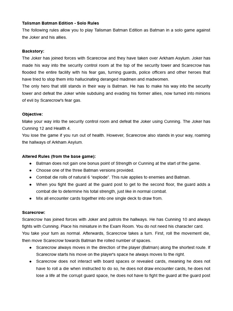 Talisman Batman Solo Rules - Play As Batman | PDF | Batman