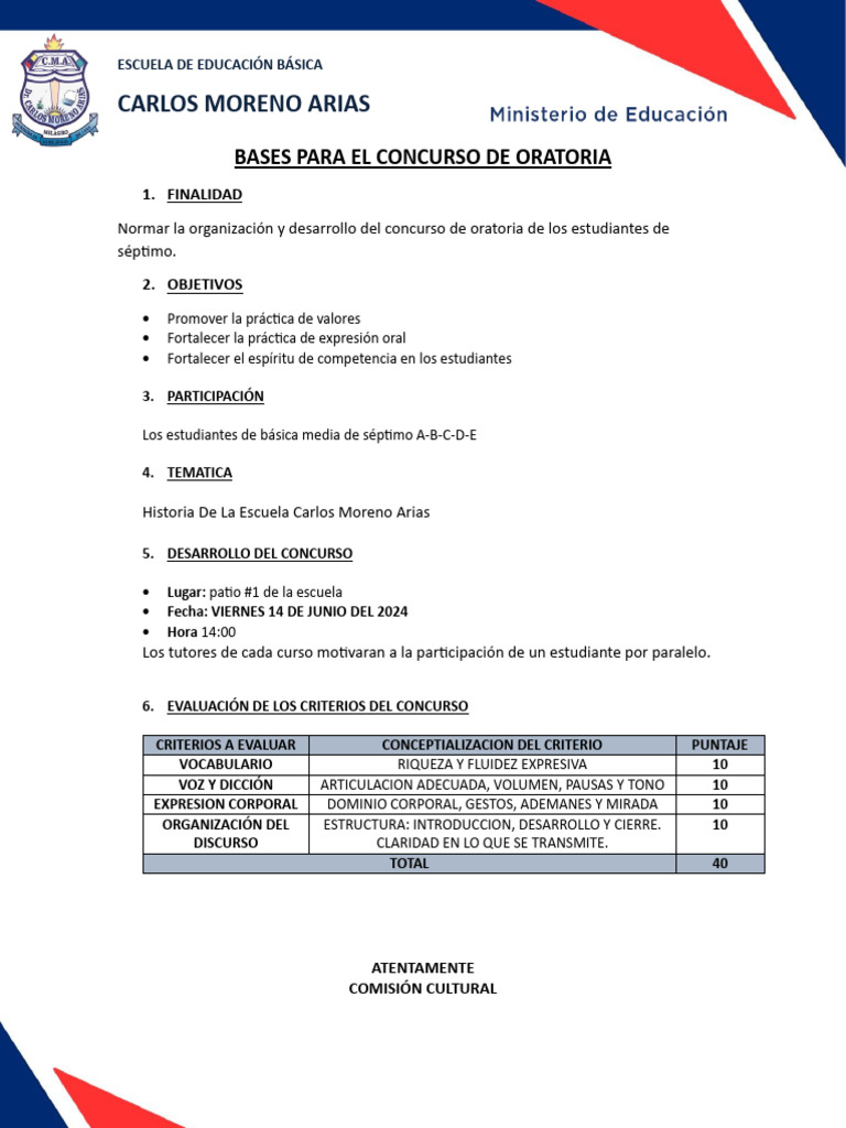 Bases para El Concurso de Oratoria 2024 Septimo | PDF