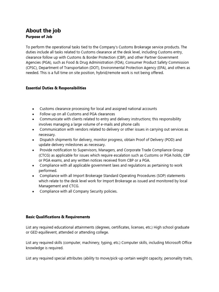 Customs Brokerage Job Description | PDF | Health Savings Account | Business