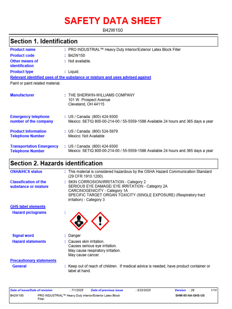 Pro Industrial Block Filler Data Sheet | PDF | Occupational Safety And ...