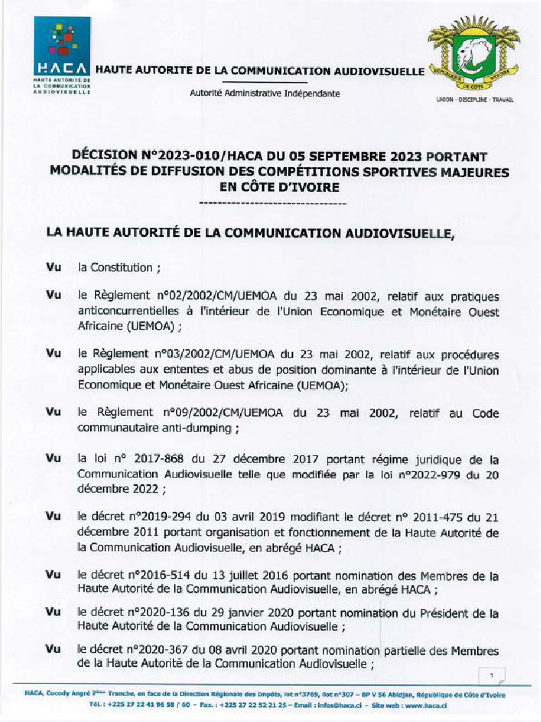 Decision Haca N°2023-010 Portant Modalites de Diffusion Des ...