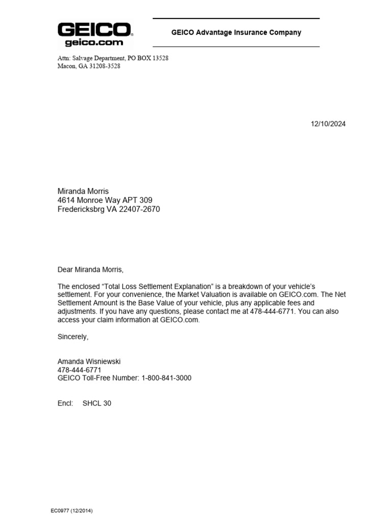 GEICO Total Loss Settlement Details | PDF | Government Finances | Payments