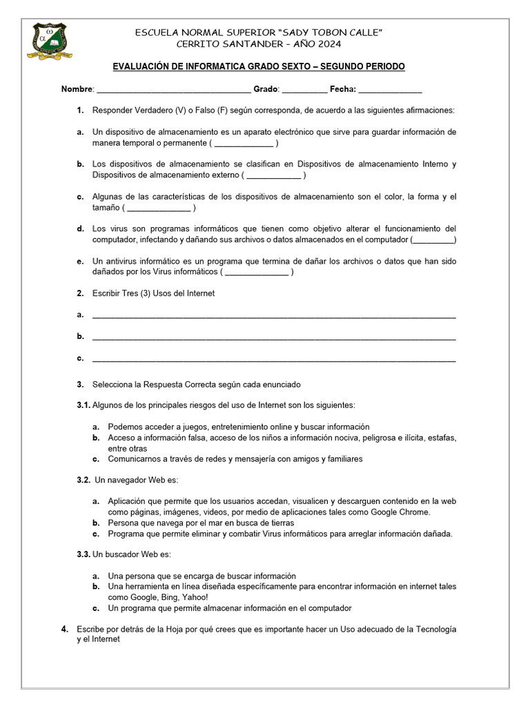Evaluación de Informática Sexto Grado 2024 | PDF | Virus de computadora ...