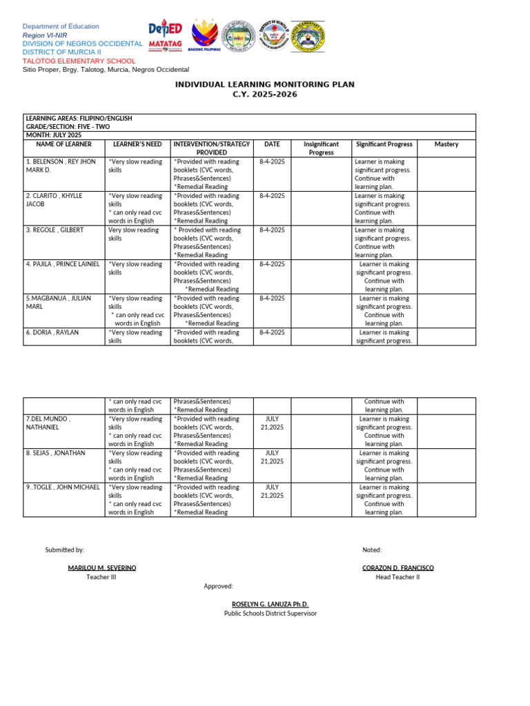 Individual Learning Monitoring Plan 2025 | PDF | Pedagogy | Learning ...