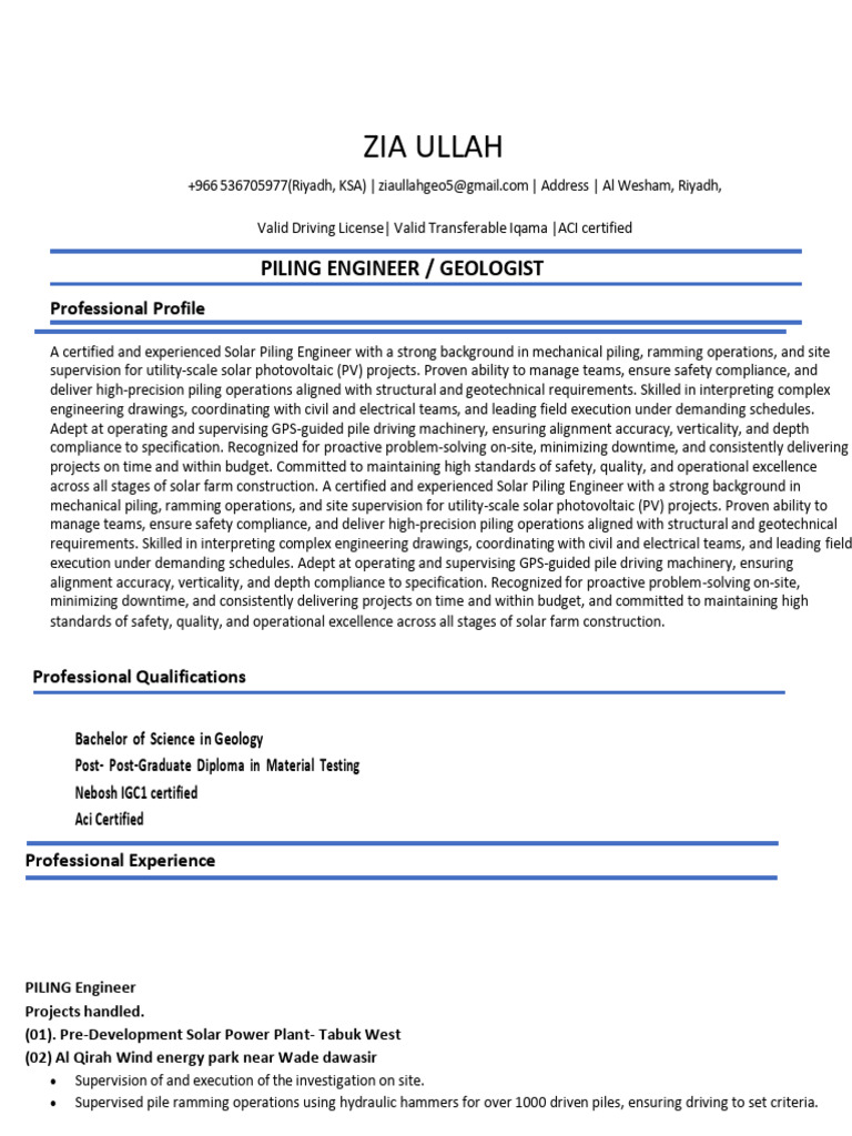 Solar Piling Engineer Resume - Riyadh | PDF