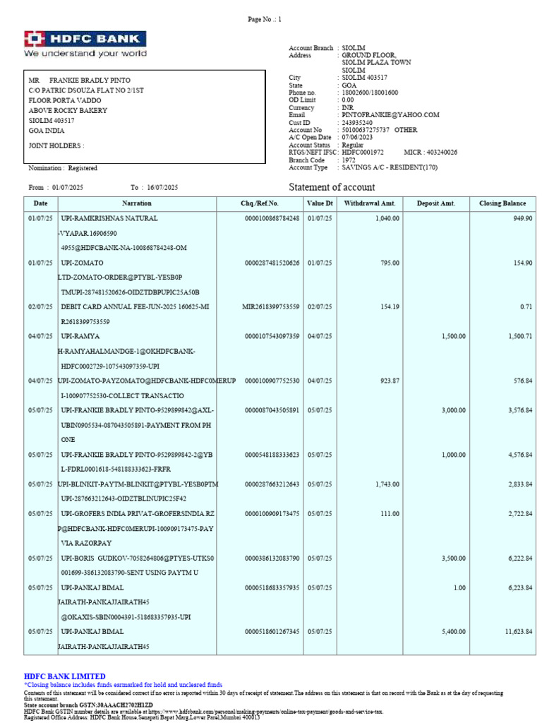 HDFC Bank Account Statement Summary | PDF | Banking Technology | Business