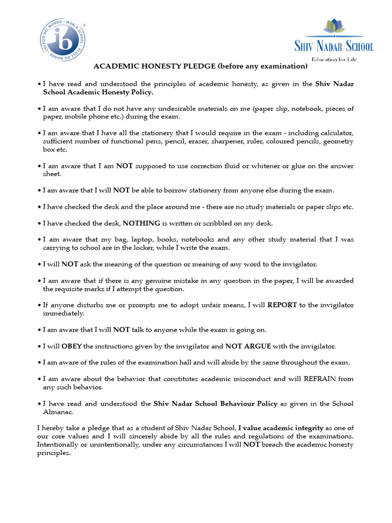Academic Honesty Pledge for Students | PDF