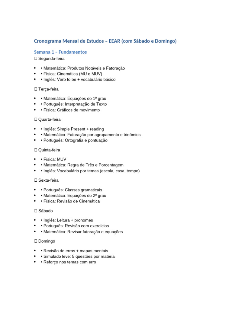 Cronograma de Estudos Mensal EEAR | PDF | Matemática | Física