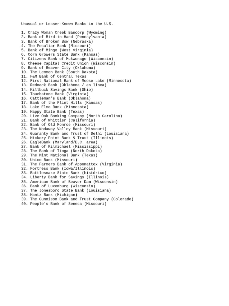 Unusual Bank Names in the U.S. | PDF