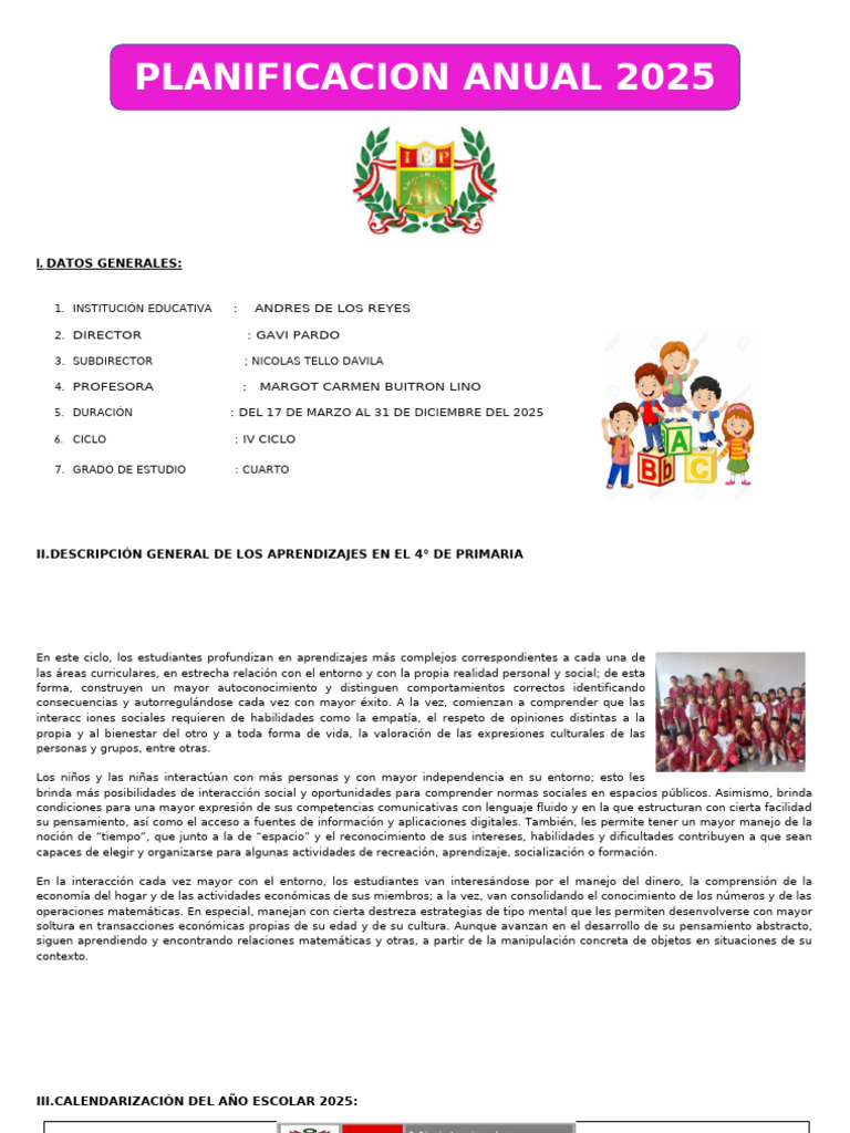 Planificación Anual 2025 Cuarto Grado Margot | PDF | Datos | Geometría