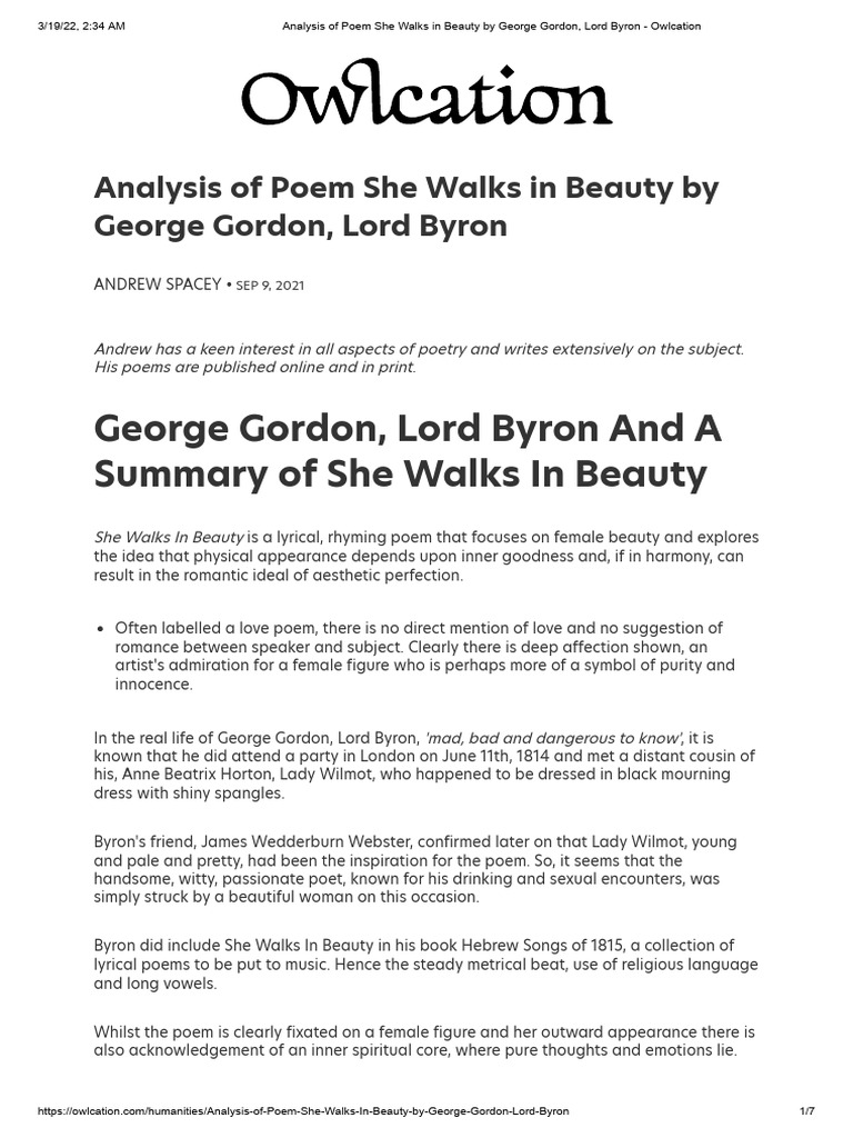 Analysis of Byron's "She Walks in Beauty" | PDF | Metre (Poetry) | Poetry
