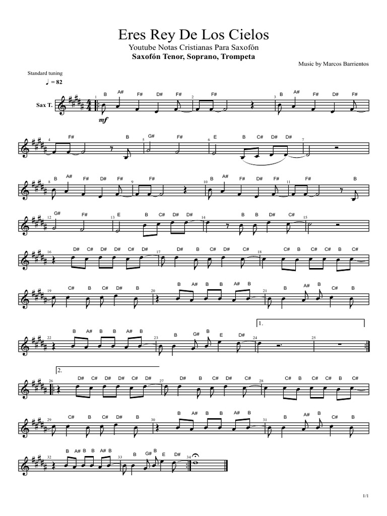 Eres Rey De Los Cielos - Sax Sheet Music | PDF | Saxophone | Musical ...