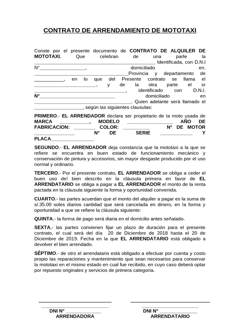 Contrato de Alquiler de Mototaxi | PDF