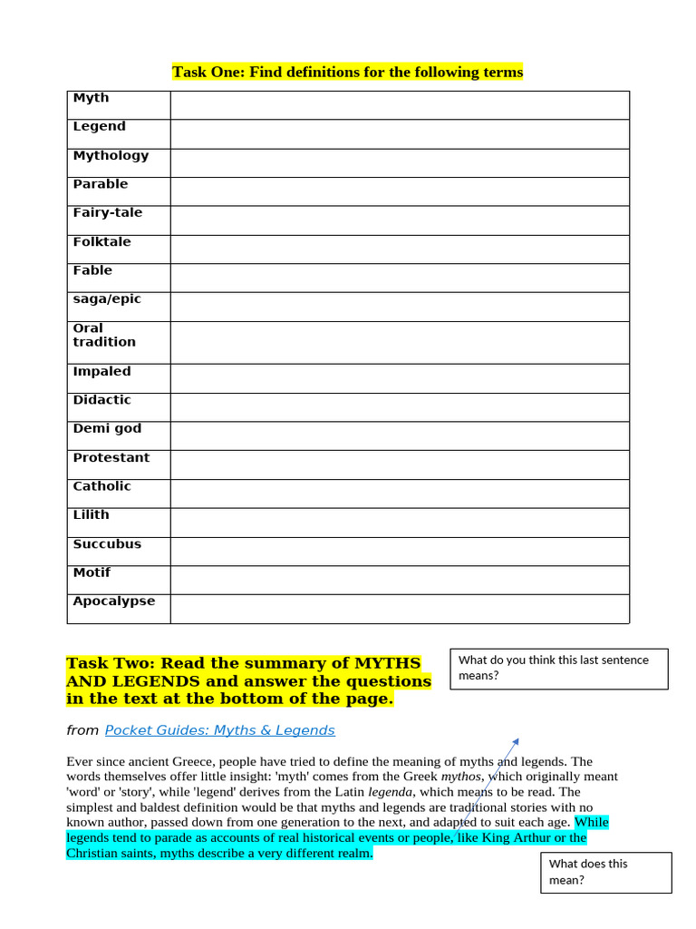 Myths and Legends Definitions Worksheet | PDF | Legends | Greek Mythology