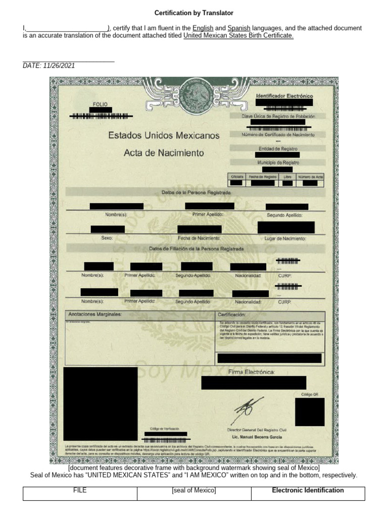 Certified Translation of Mexican Birth Certificate | PDF | Birth ...