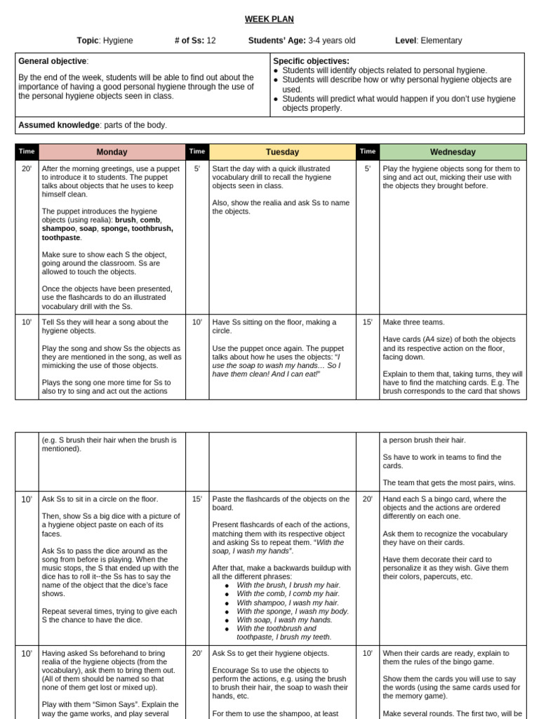 Weekly Hygiene Lesson Plan for Kids | PDF | Toothbrush | Hygiene