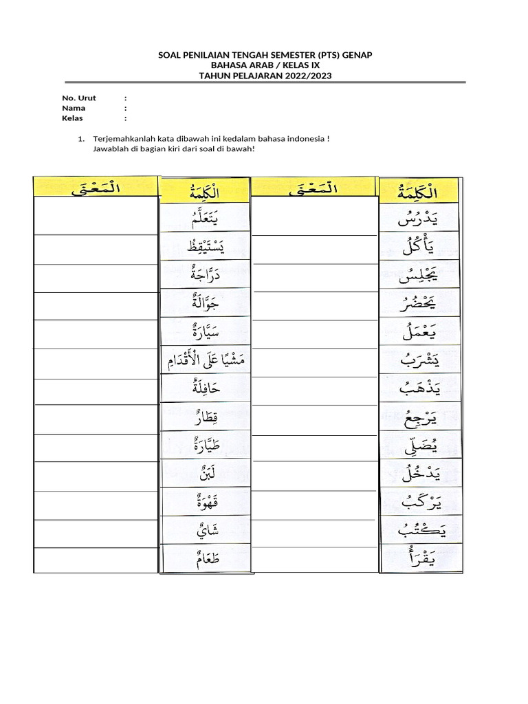Soal PTS Bahasa Arab Kelas IX 2023 | PDF