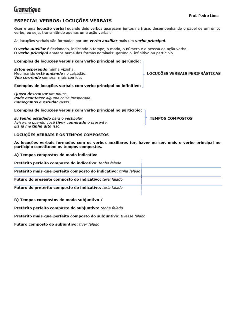 Locuções Verbais: Definição e Exemplos | PDF | Gramática | Sintaxe