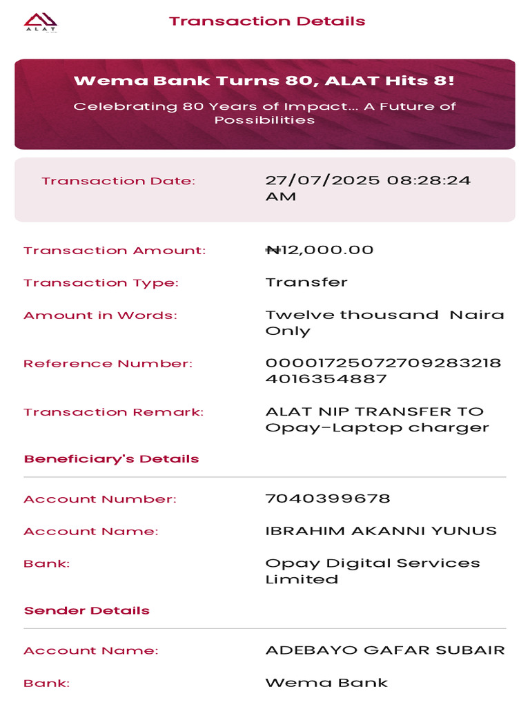 Wema Bank Transfer Receipt: ₦12,000.00 | PDF
