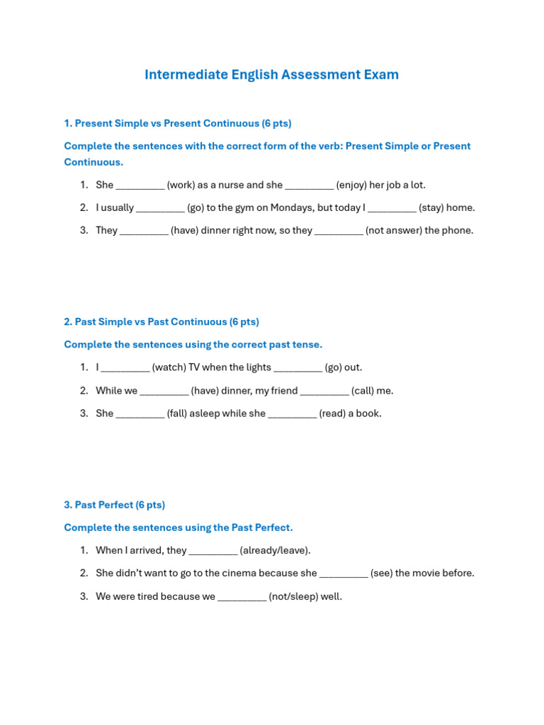 Intermediate English Grammar Test | PDF | Perfect (Grammar ...