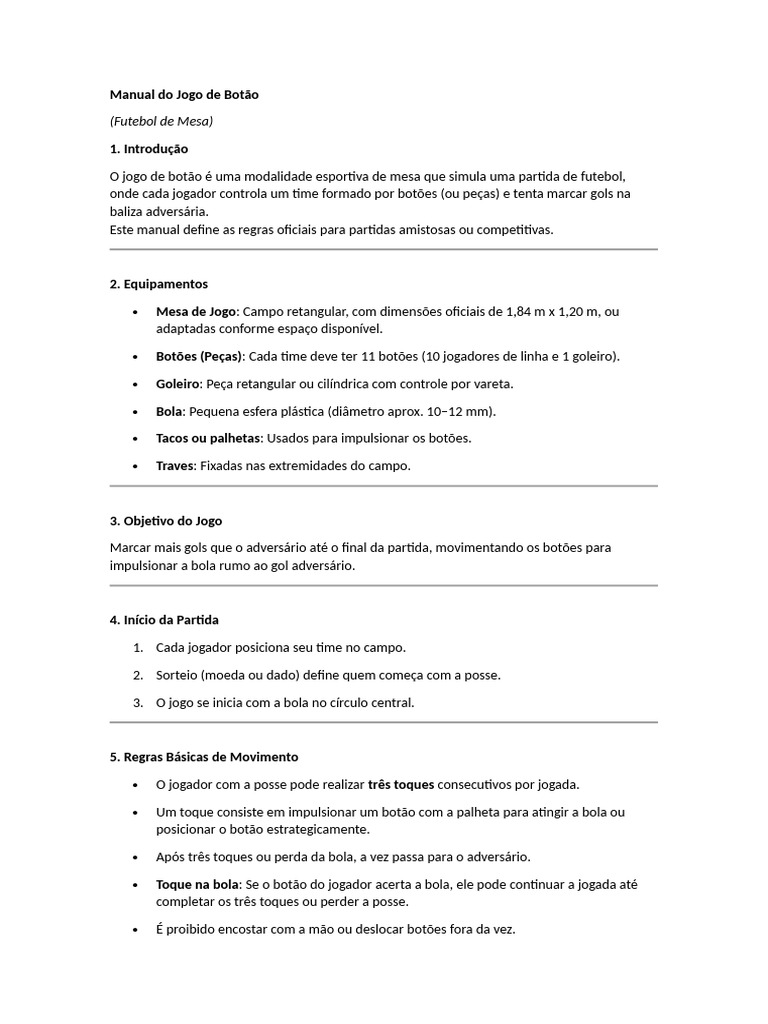 Regras do Jogo de Botão: Manual Completo | PDF | Esportes | Futebol