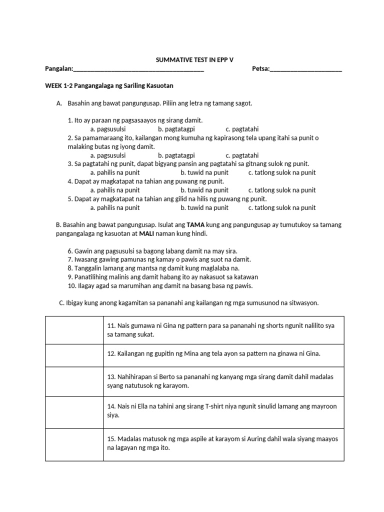 He. Epp 5 Summative Test Quarter 1 Week1 8 | PDF