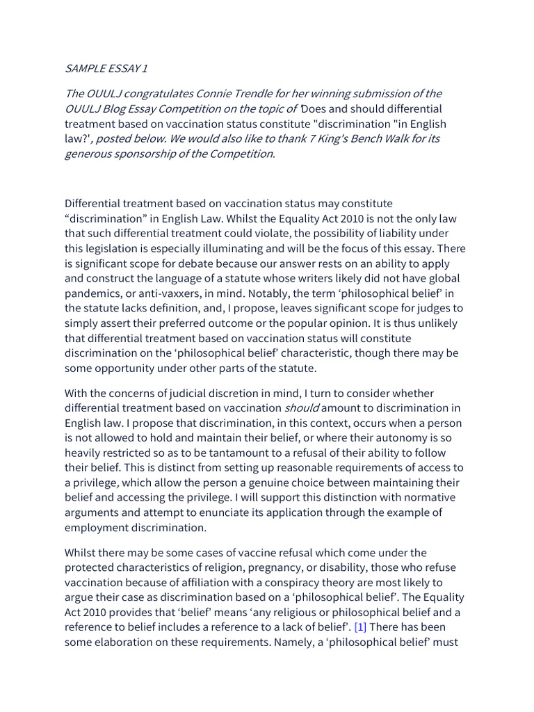 Past Winner Sample Essay | PDF | Discrimination | Veganism