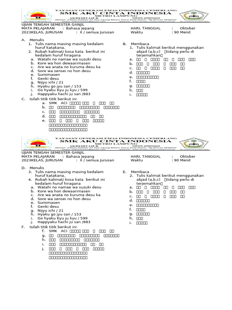Soal Bahasa Jepang Mid 2023 Setengah Halaman PDF