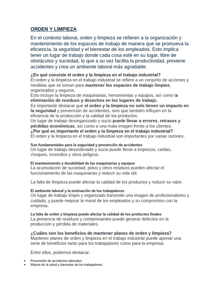 Orden y limpieza en el trabajo industrial | PDF | Residuos | Limpieza
