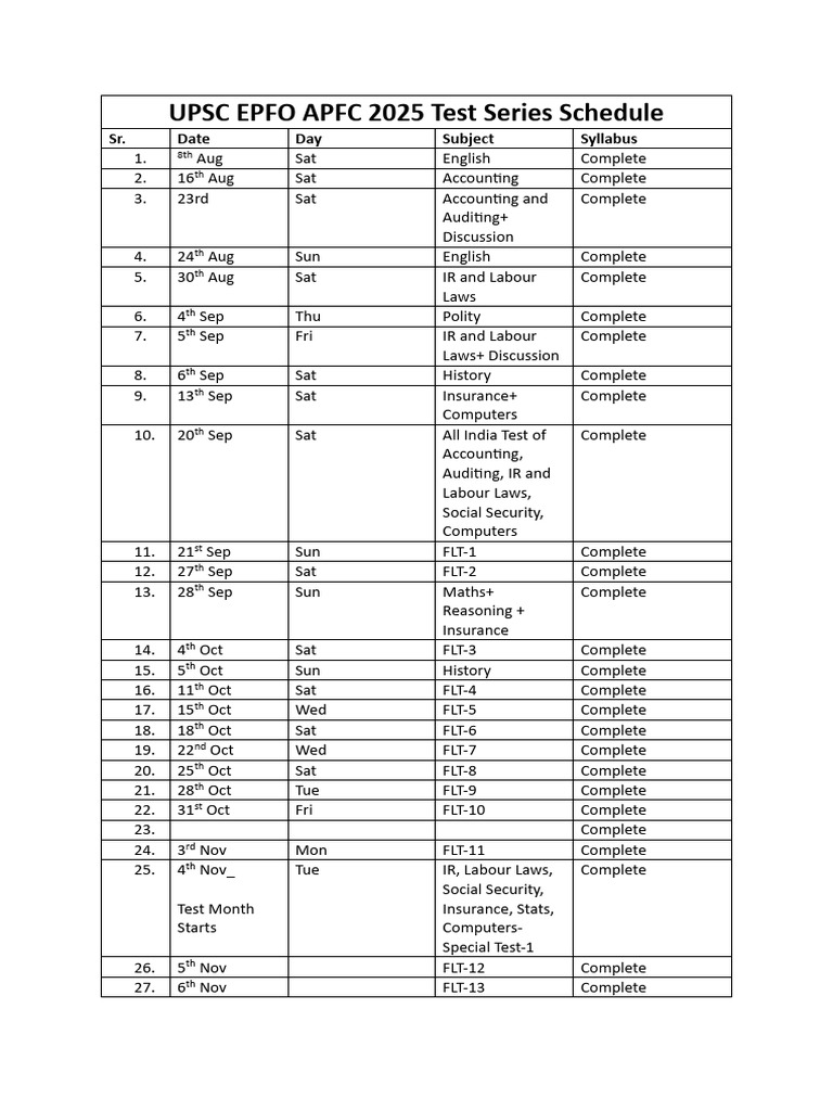 EPFO APFC 2025 Test Series Schedule | PDF