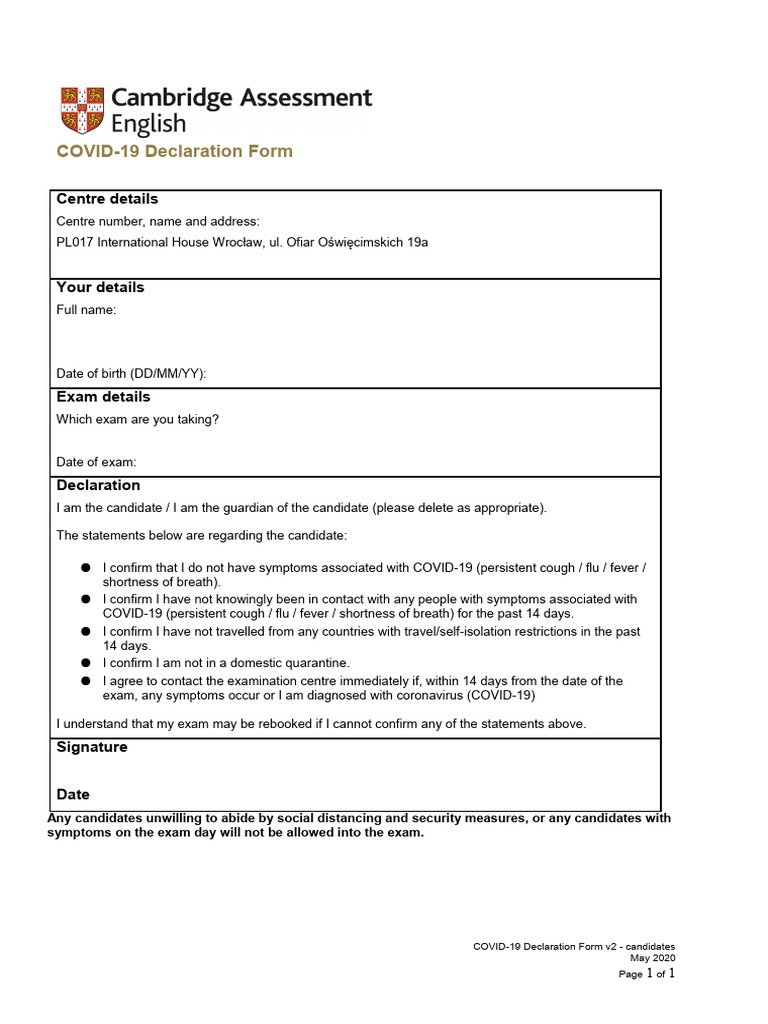 Covid-19 Declaration Form For Candidates | PDF