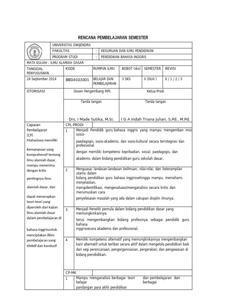 Rps Belajar Dan Pembelajaran Pdf