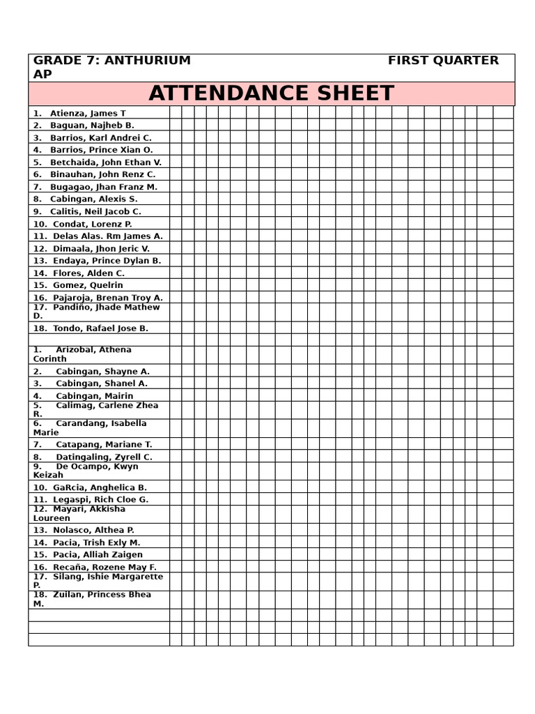 Grade 7 Attendance Sheet | PDF