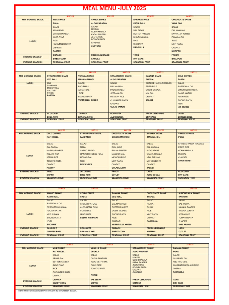 July 2025 Meal Menu Overview | PDF | Lunch | Cakes