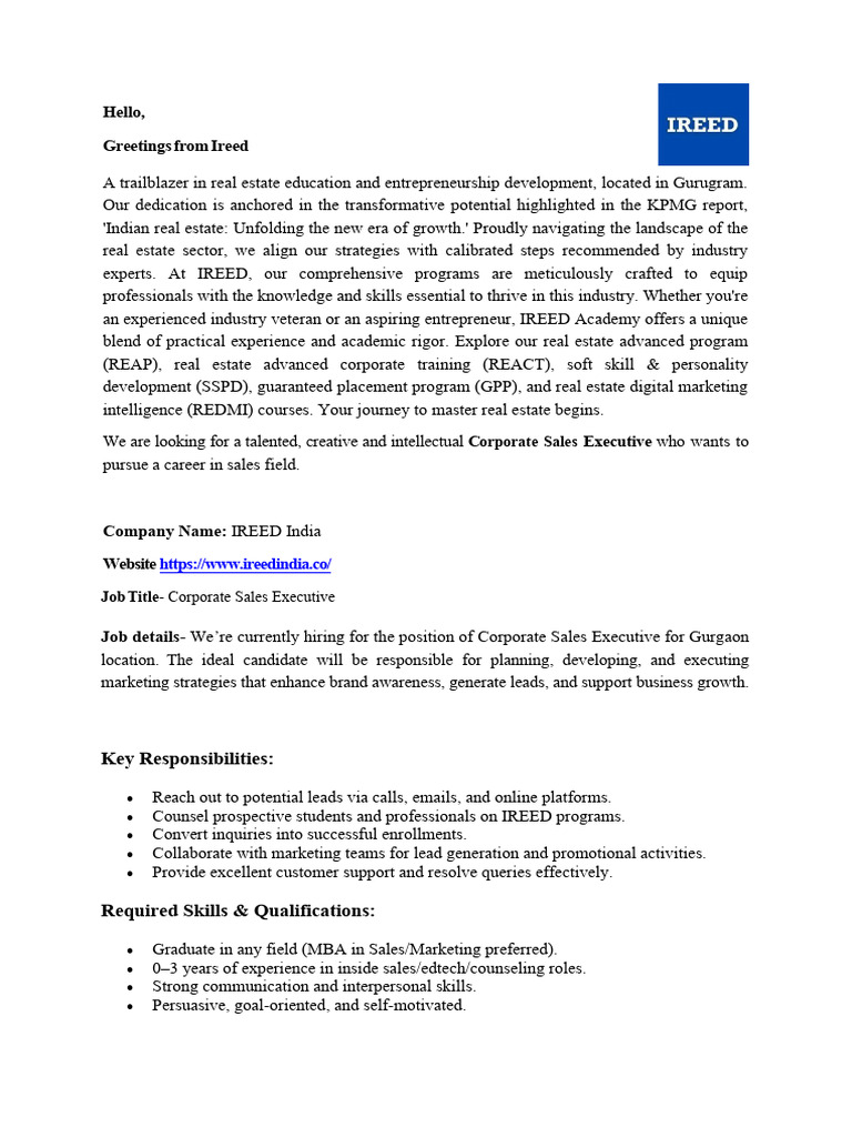 Corporate Sales Executive, IREED Gurgaon JD | PDF | Business | Cognition