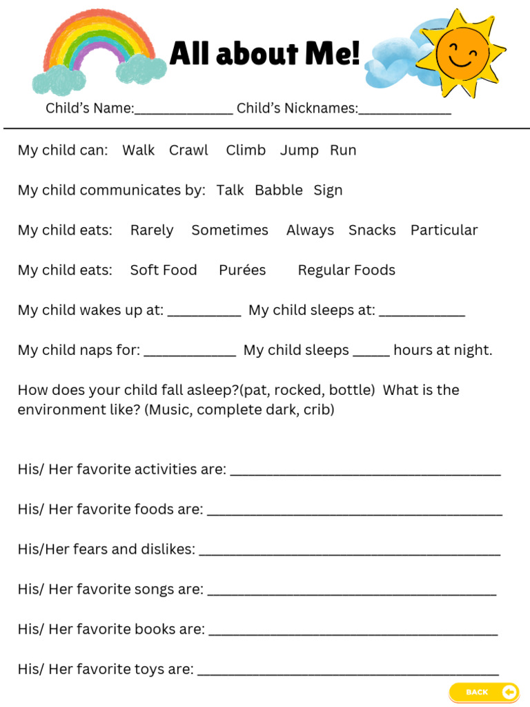 All About Me Information Sheet For Daycare | PDF