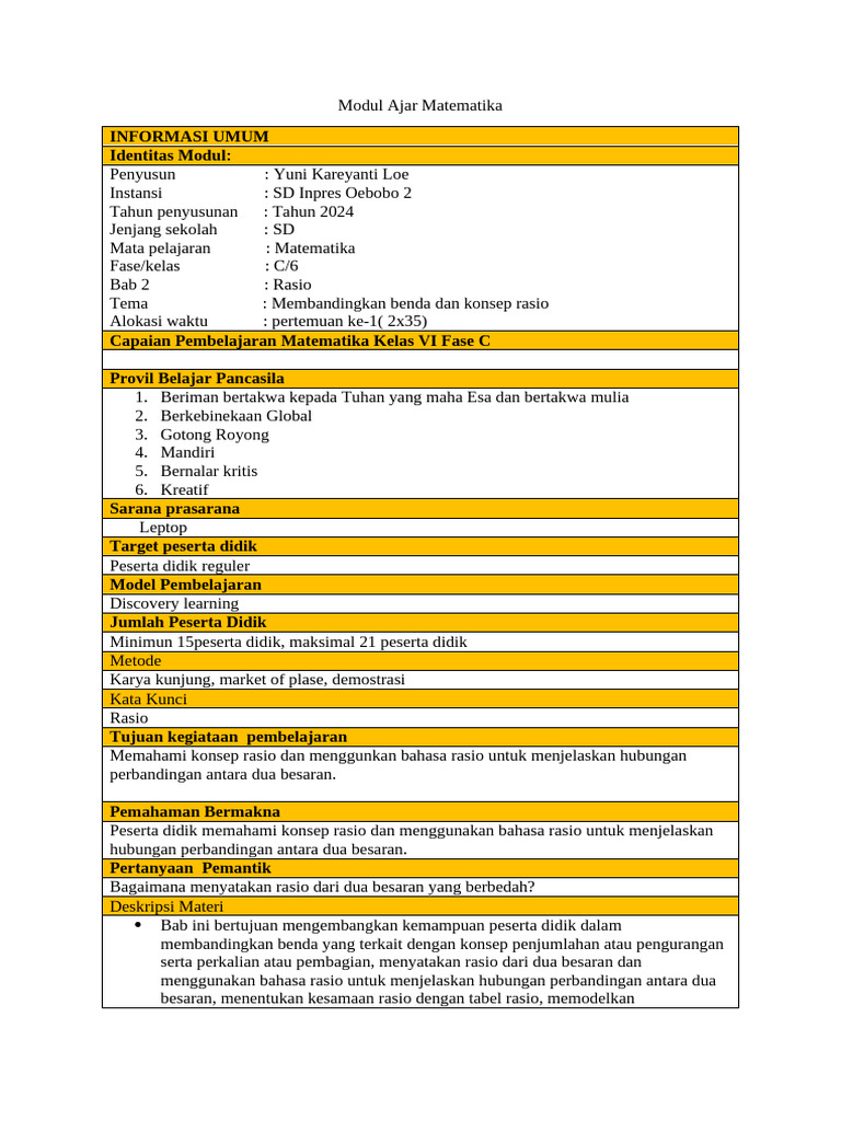 Modul Ajar Matematika: Konsep Rasio SD | PDF