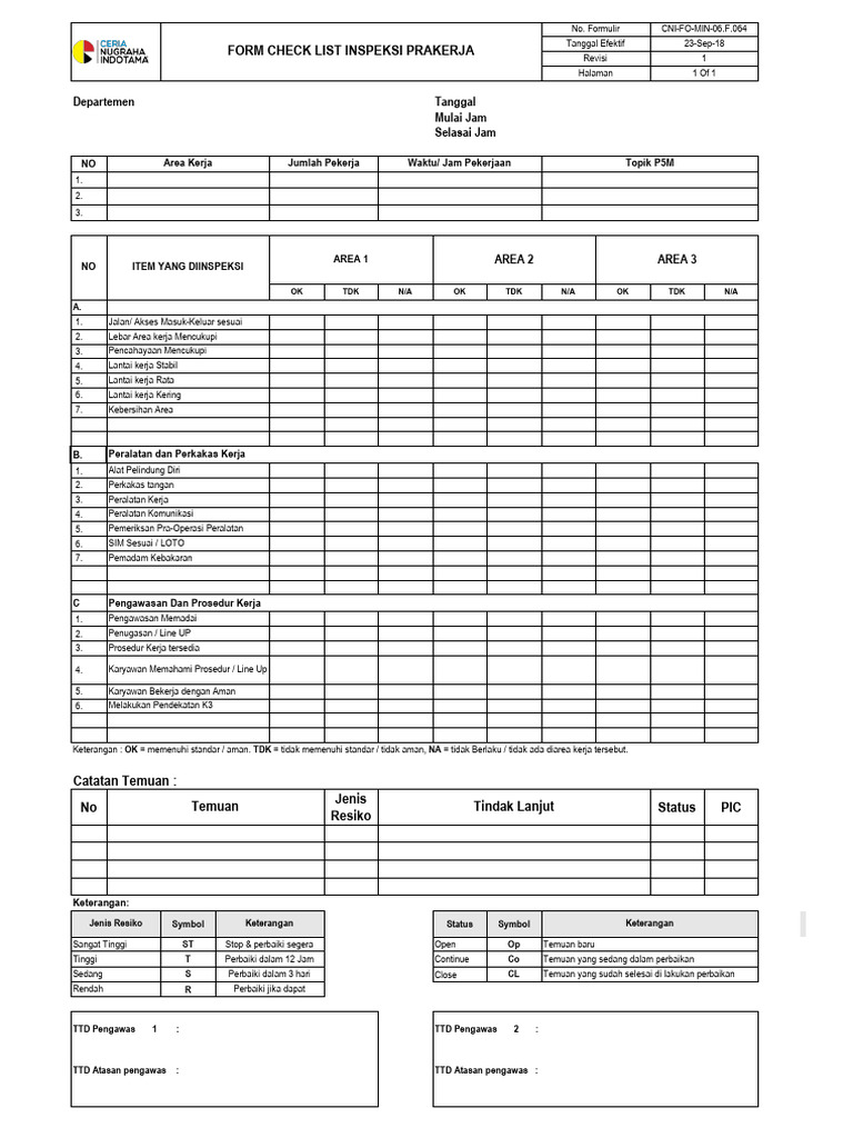 Formulir Inspeksi Prakerja K3 | PDF