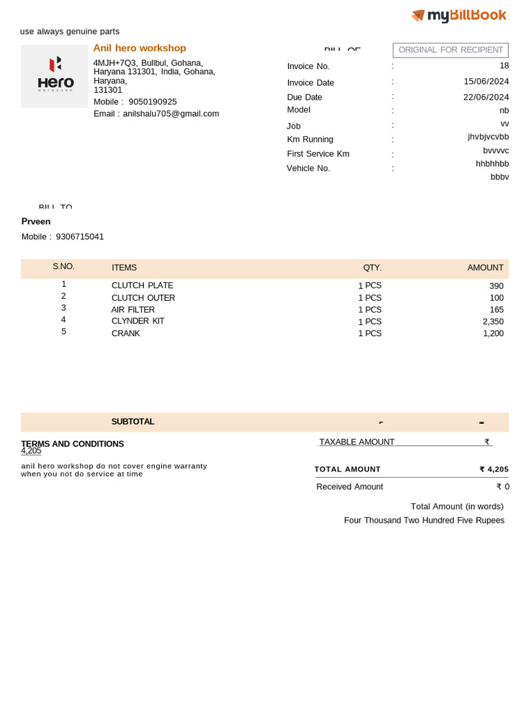Genuine Parts Invoice for Anil Hero Workshop | PDF | Rupee