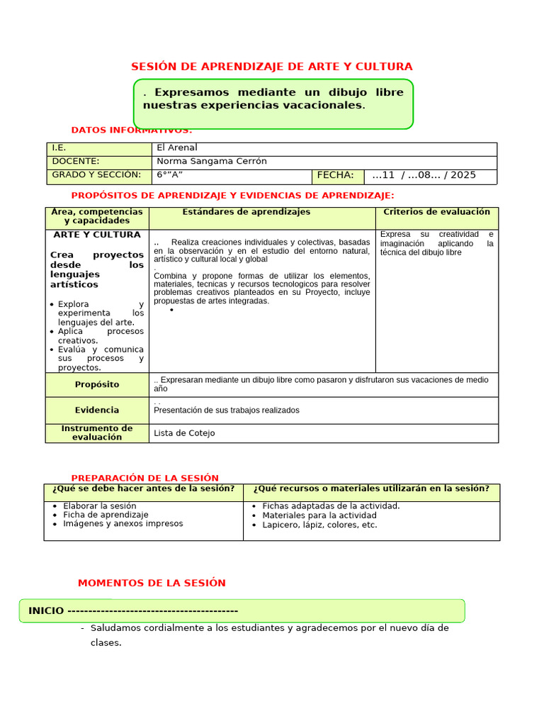 SESIÓN DE APRENDIZAJE DE ARTE Y CULTURA11-08-25nsc | PDF | Creatividad ...