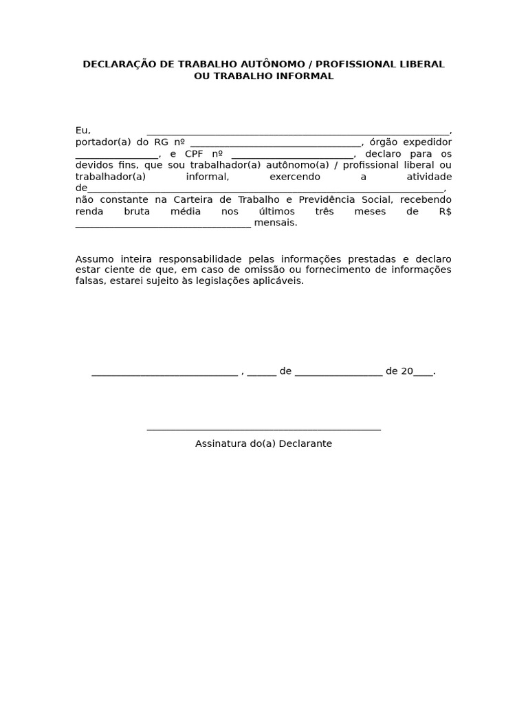 Declaração de Trabalho Autônomo para Creche | PDF