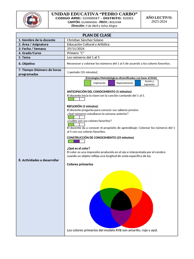 Plan de Clase: Números del 1 al 5 | PDF | Color | Aprendizaje
