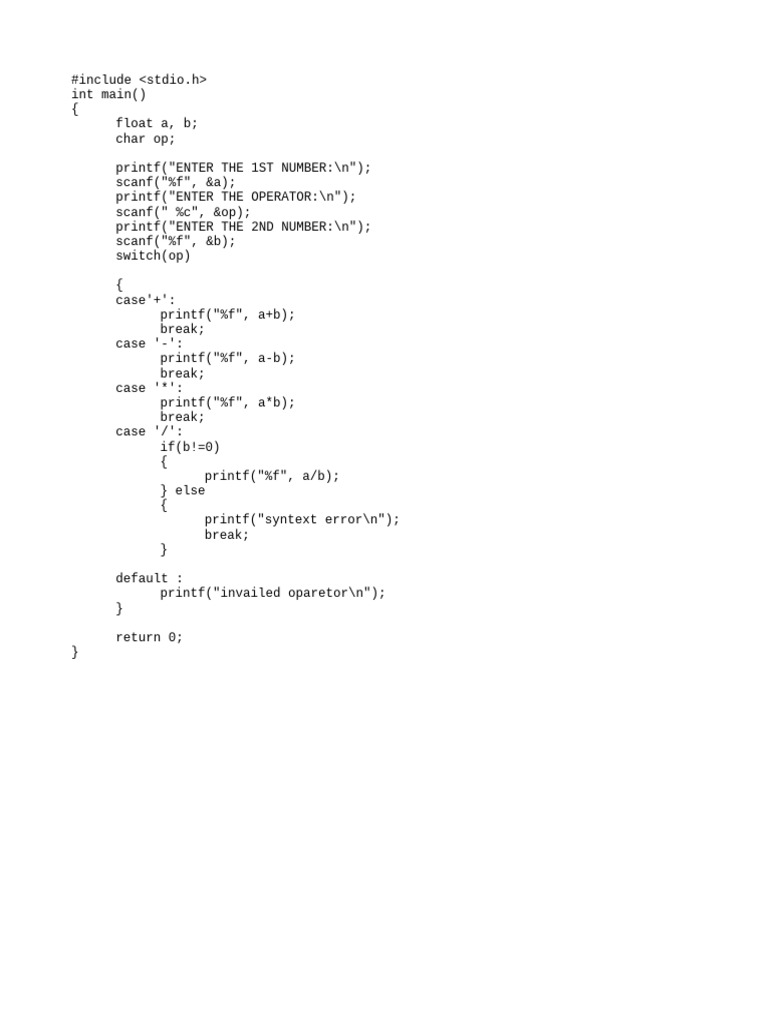C Program for Basic Calculator | PDF