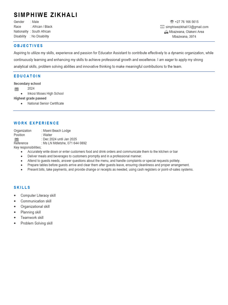 Resume of Simphiwe Zikhali | PDF